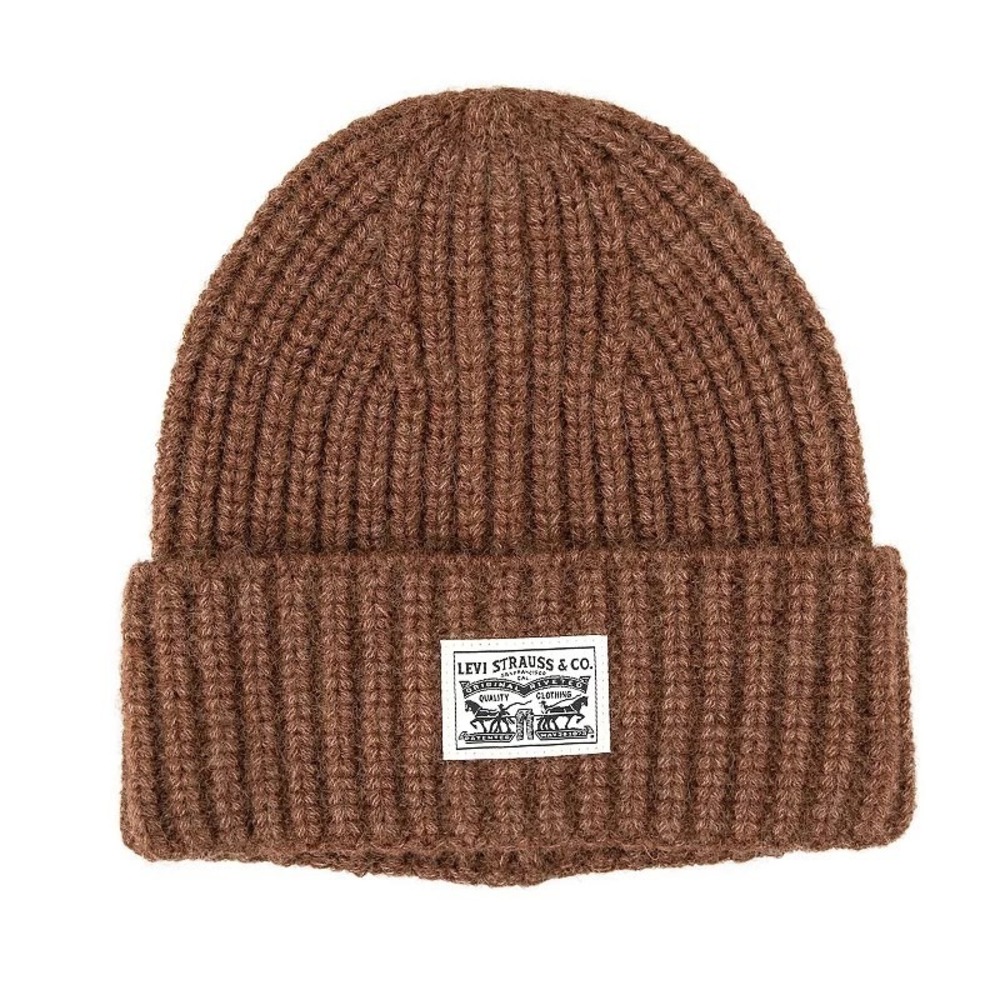 Levis Chunky Rib Knit Beanie Brown One Size Unisex Logo Patch 45LV050059